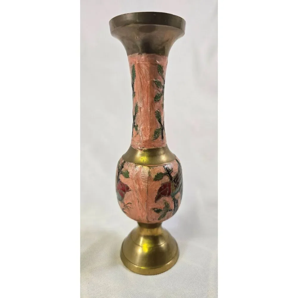 Hand-Painted Pink Floral Enamel Vintage Brass Bud Vase